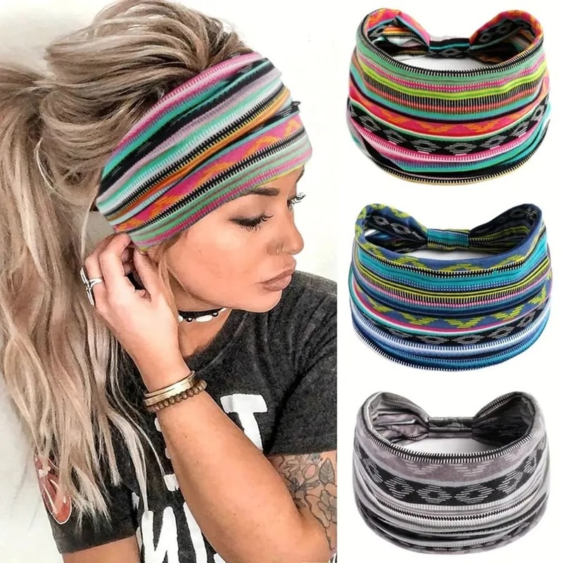 Bohemian Style Elastic Headscarf Fashionable Breathable Cotton Wide Brimmed Hair Accessories 0