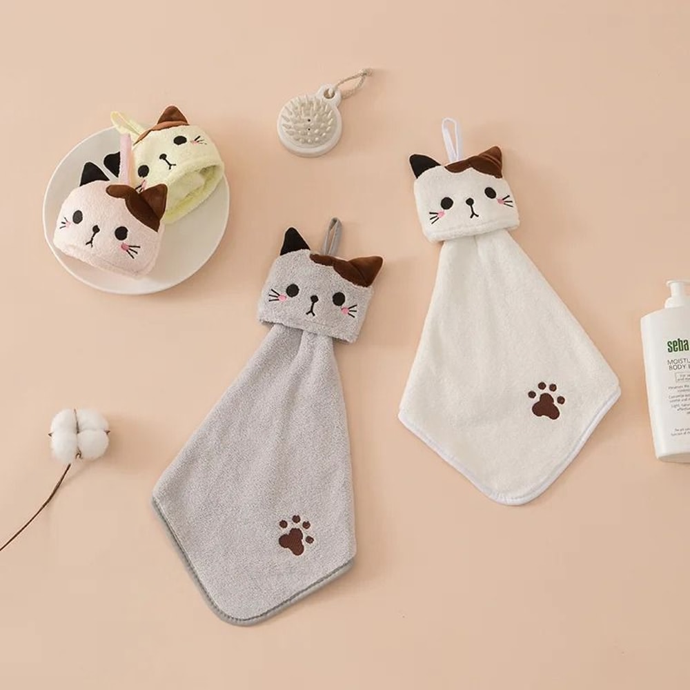 Cute Cartoon Cat Hand Towel Thickened Kitchen Bathroom Coral Velvet Home Quick Drying Dishcloth 4