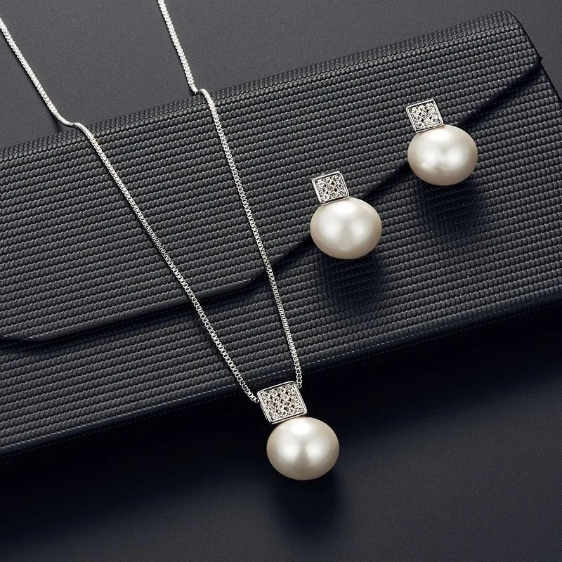 2 PCS Imitation Pearl Pendant Necklace And Earring Stud Set Silver Color Snake Chain Crystal Jewelr 0