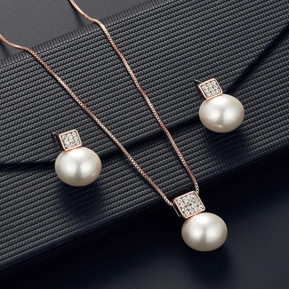 2 PCS Imitation Pearl Pendant Necklace And Earring Stud Set Silver Color Snake Chain Crystal Jewelr 1
