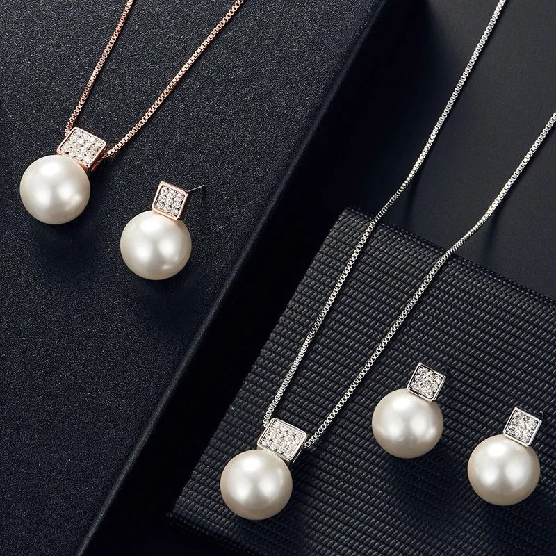2 PCS Imitation Pearl Pendant Necklace And Earring Stud Set Silver Color Snake Chain Crystal Jewelr 2