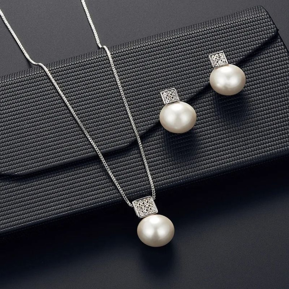 2 PCS Imitation Pearl Pendant Necklace And Earring Stud Set Silver Color Snake Chain Crystal Jewelr 7