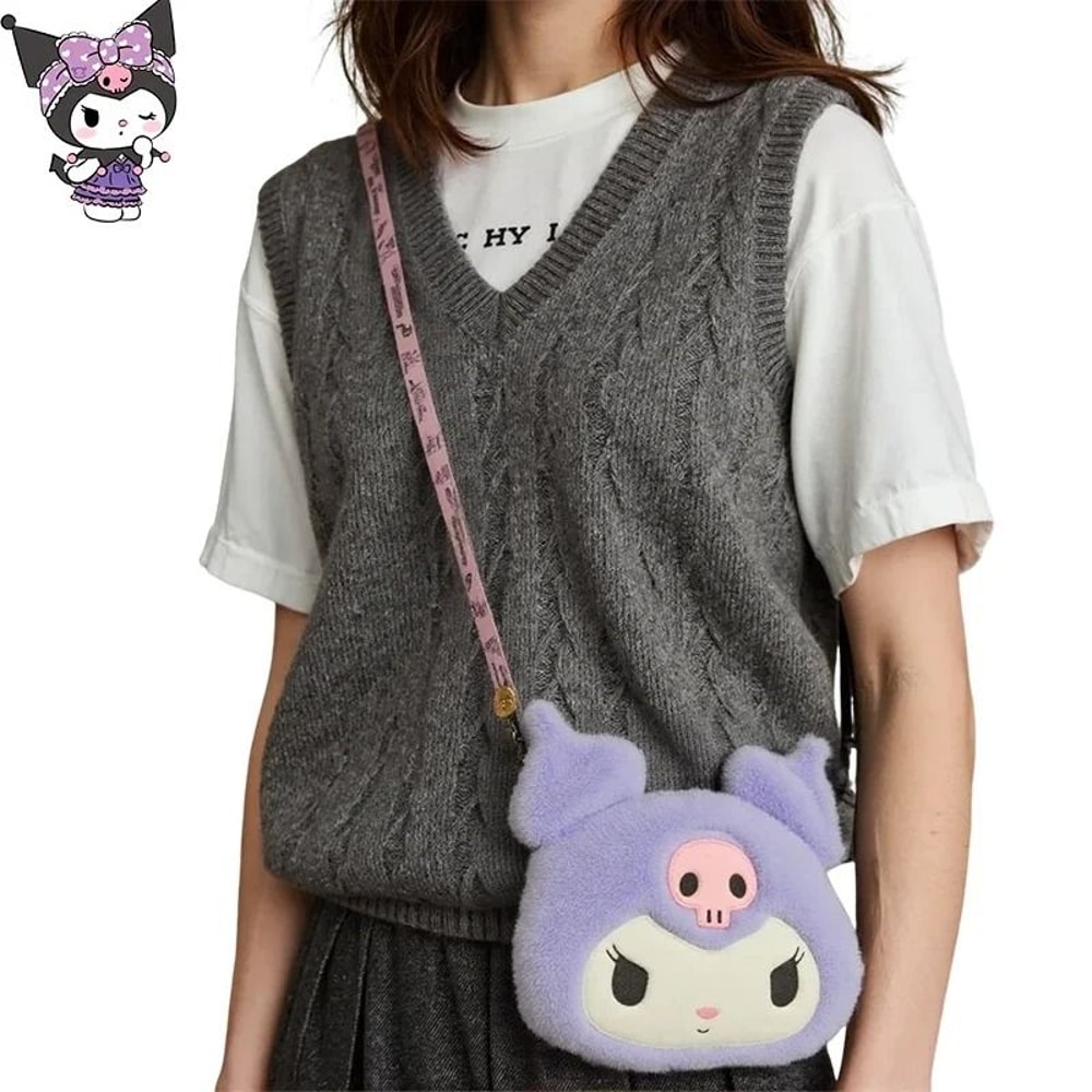 New Sanrio Cartoon Kuromi Skull Plush Shoulder Bag Cute Sweet Girl Heart Handbag Crossbody Bag 2