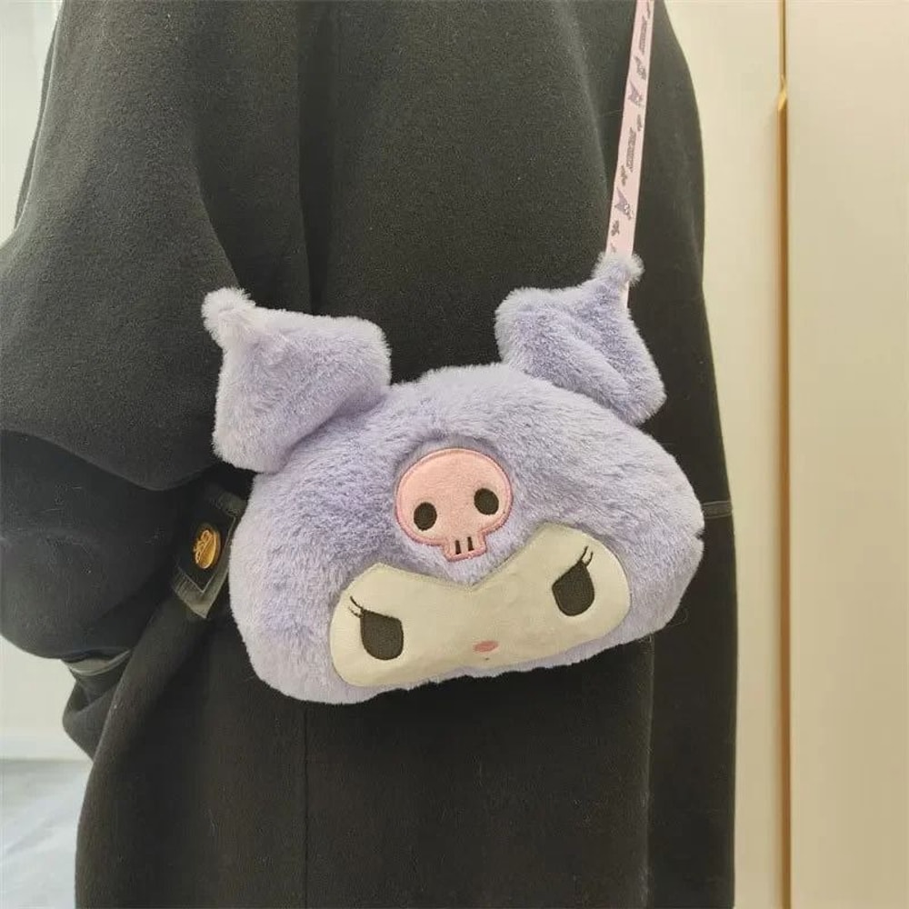 New Sanrio Cartoon Kuromi Skull Plush Shoulder Bag Cute Sweet Girl Heart Handbag Crossbody Bag 4