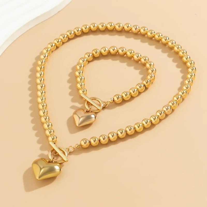 2Pcs Luxury Gold Color Beads Heart Pendant Necklace Bracelet Set Punk Vintage OT Buckle Choker 2