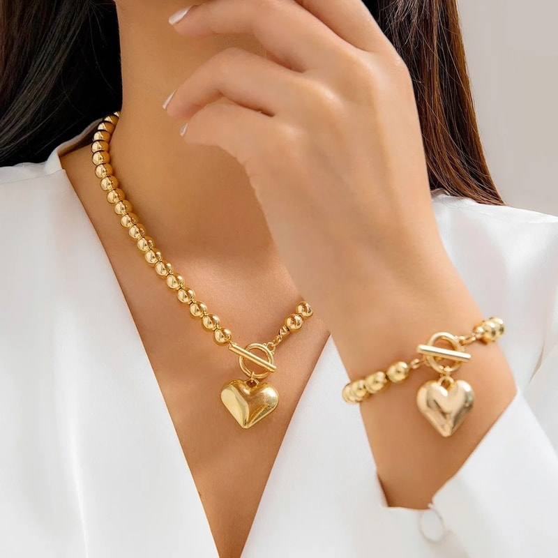 2Pcs Luxury Gold Color Beads Heart Pendant Necklace Bracelet Set Punk Vintage OT Buckle Choker 7