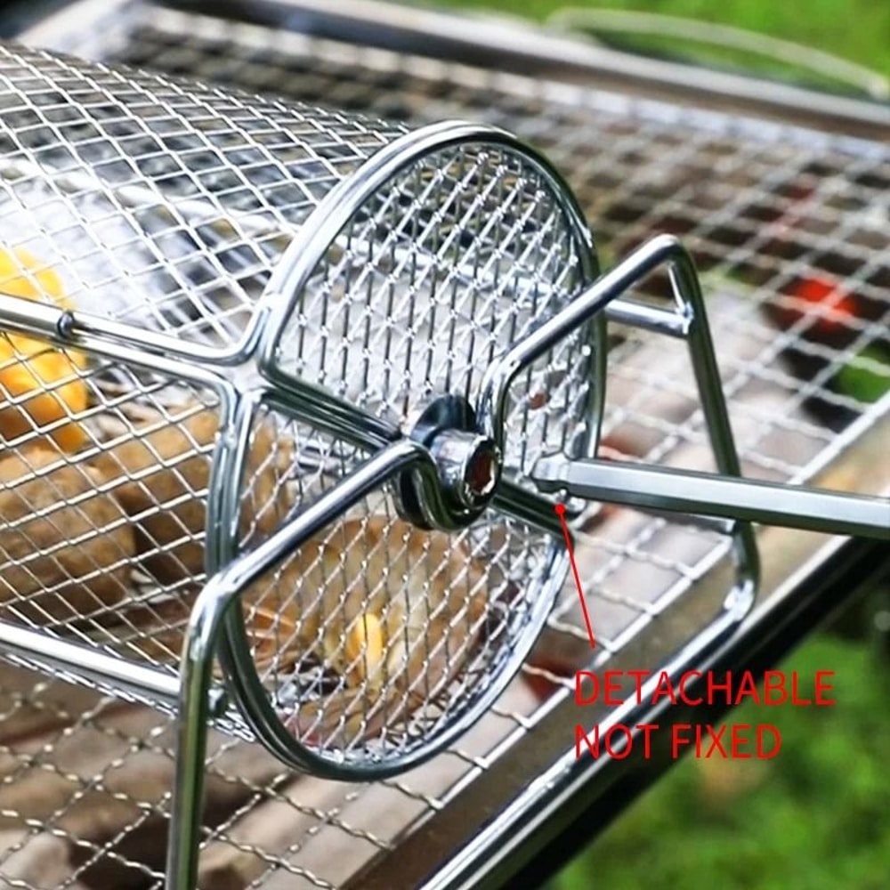 Stainless Steel Rolling BBQ Grill Mesh Basket Rotisserie Barbecue Cage Roaster 5