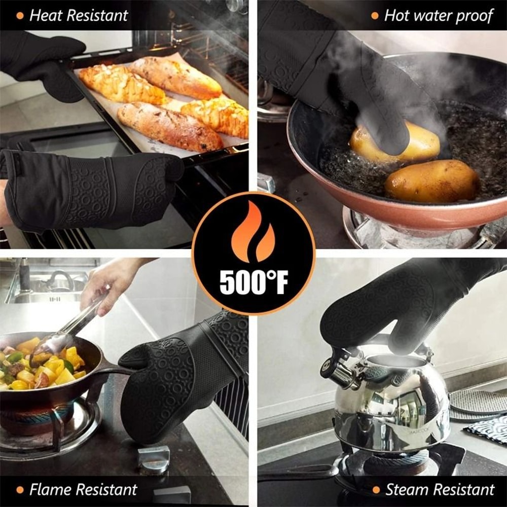 LMETJMA 6Pcs Extra Long Silicone Oven Mitts And Pot Holders Set Heat Resistant Cooking Gloves 3