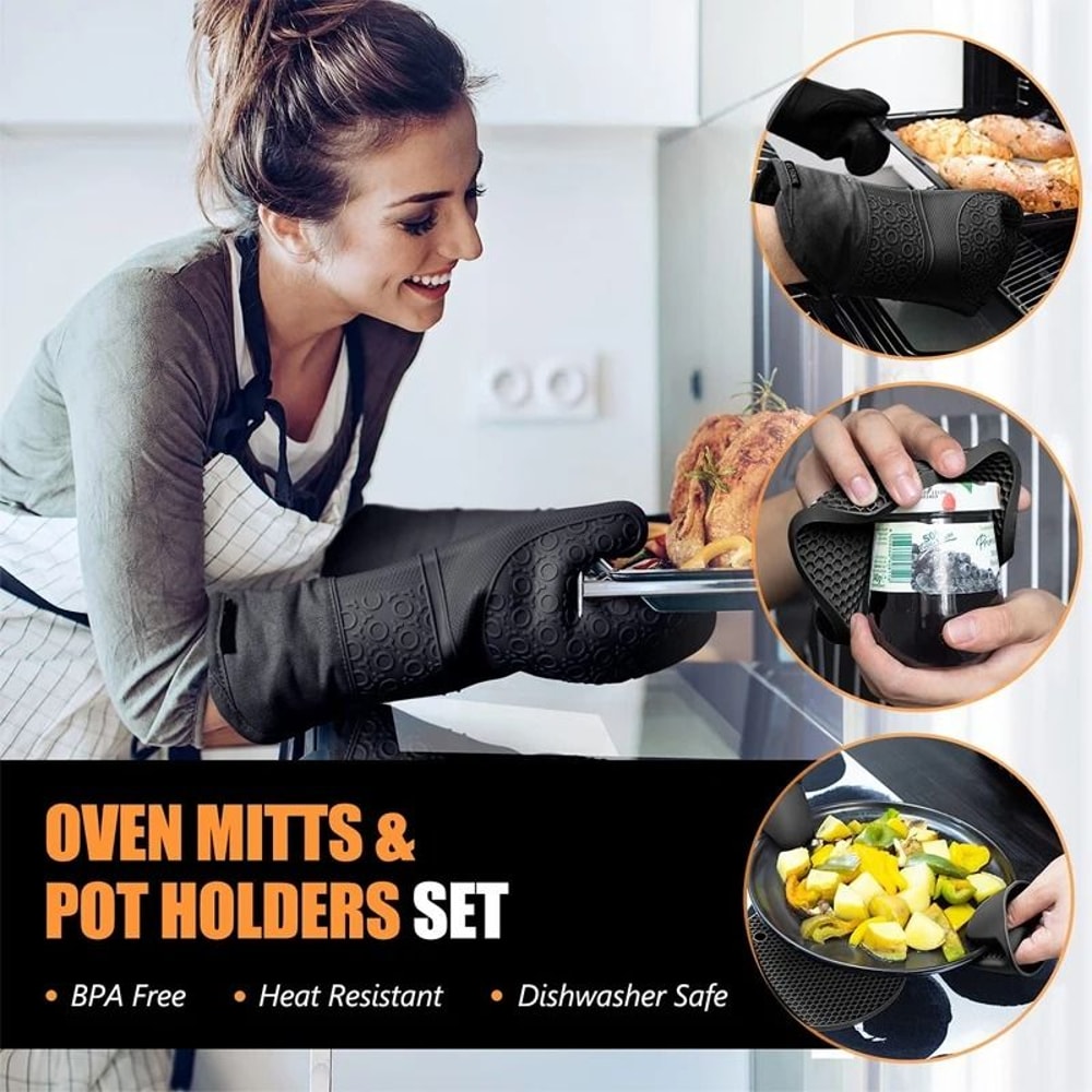 LMETJMA 6Pcs Extra Long Silicone Oven Mitts And Pot Holders Set Heat Resistant Cooking Gloves 4