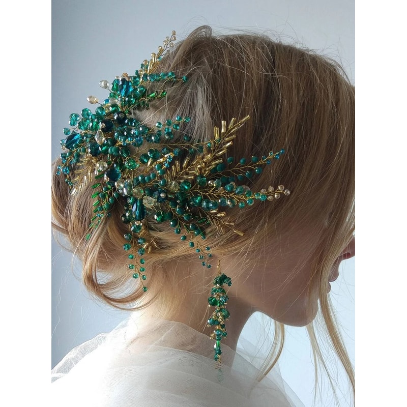 Bohe Green Vine Bridal Headband Crystal Headdress And Earrings Wedding Hair Accessories 0