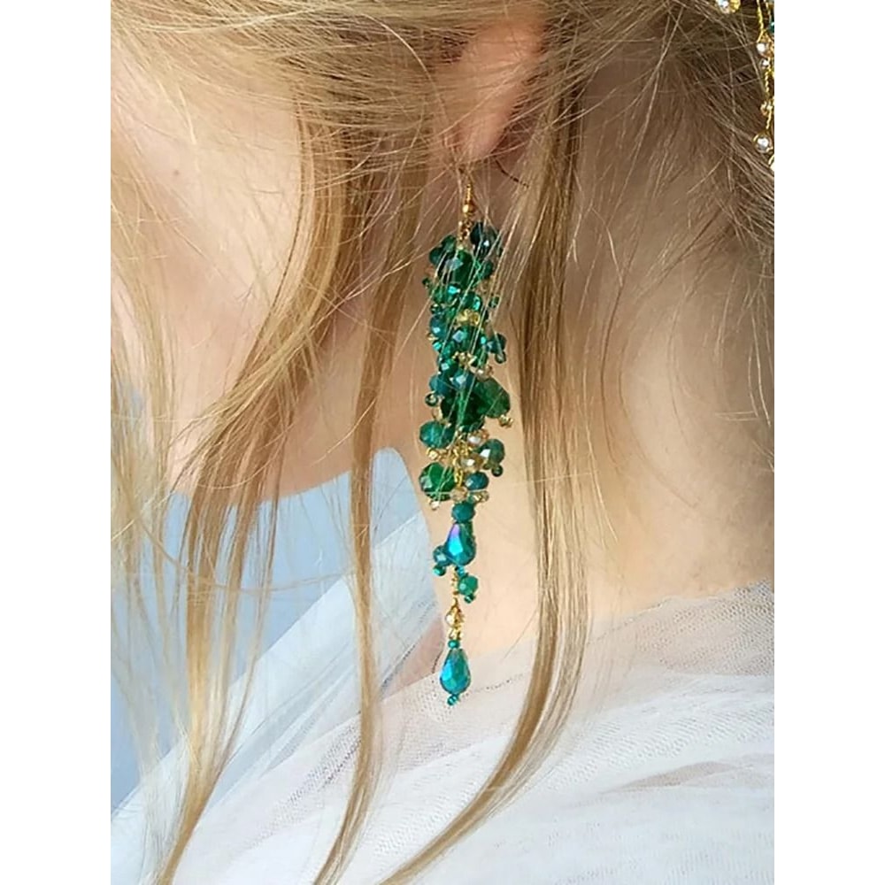 Bohe Green Vine Bridal Headband Crystal Headdress And Earrings Wedding Hair Accessories 2