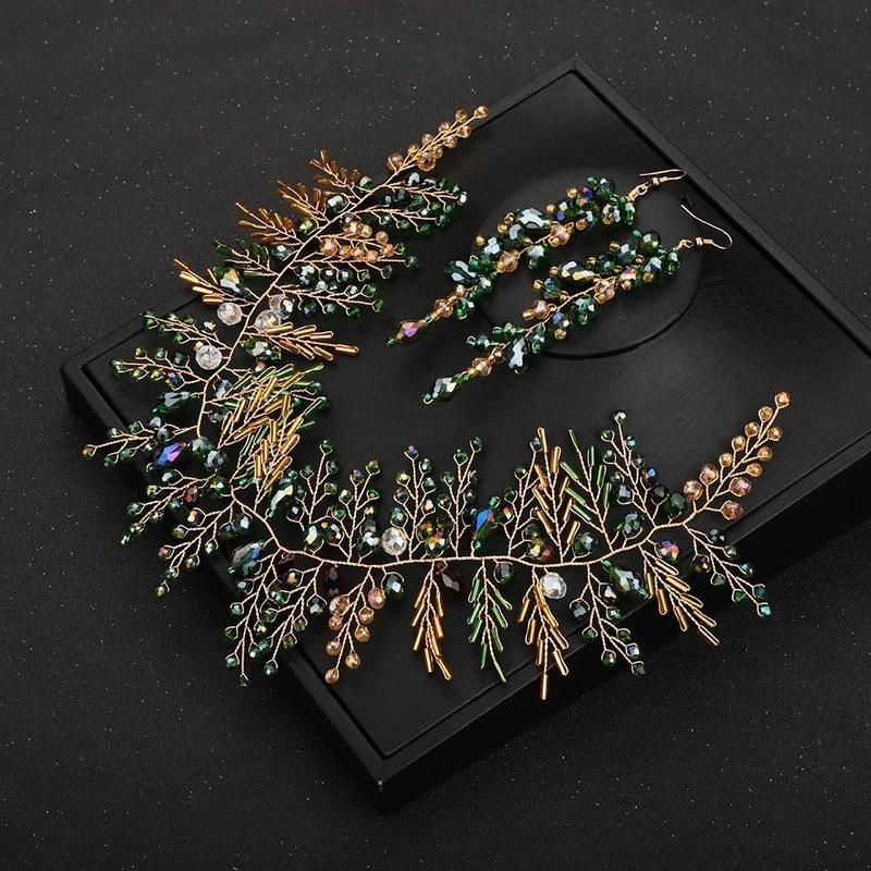 Bohe Green Vine Bridal Headband Crystal Headdress And Earrings Wedding Hair Accessories 3