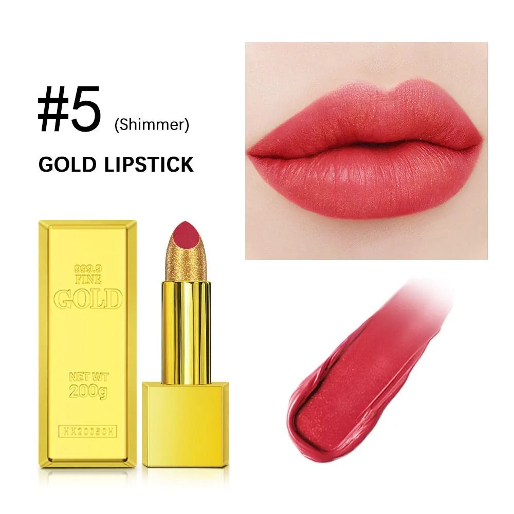 Shimmer Gold Metallic Glitter Lipstick Waterproof Long Lasting Batom Gold Brick Tube Design 10