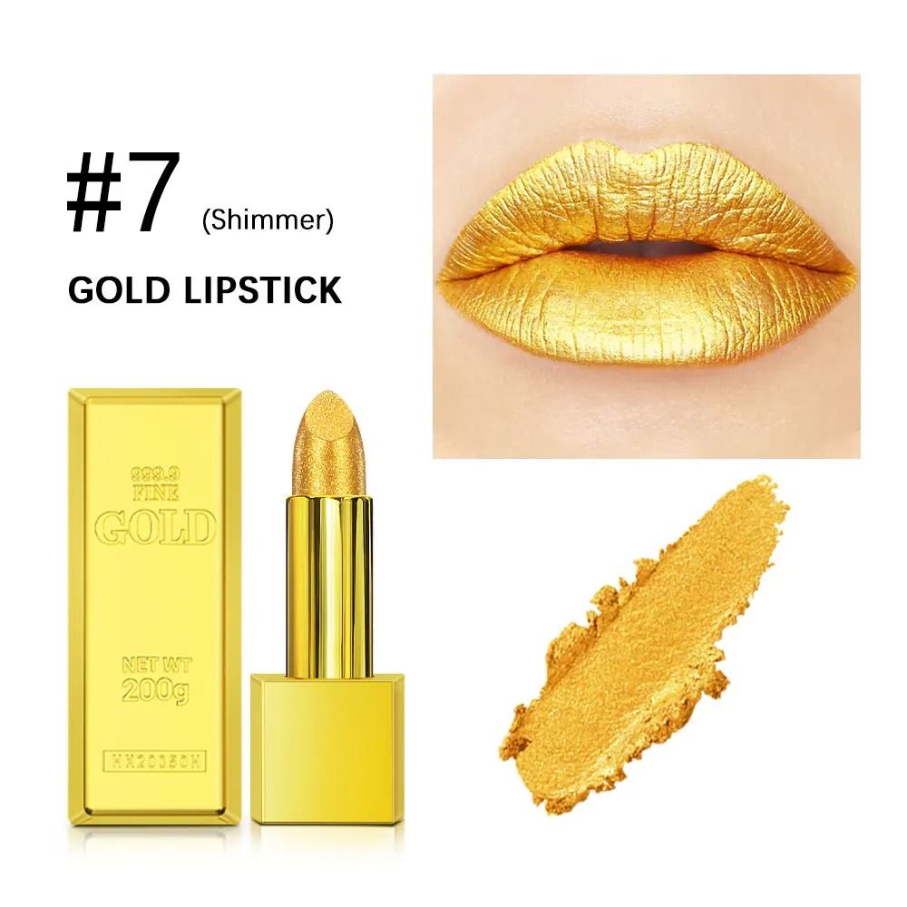 Shimmer Gold Metallic Glitter Lipstick Waterproof Long Lasting Batom Gold Brick Tube Design 7