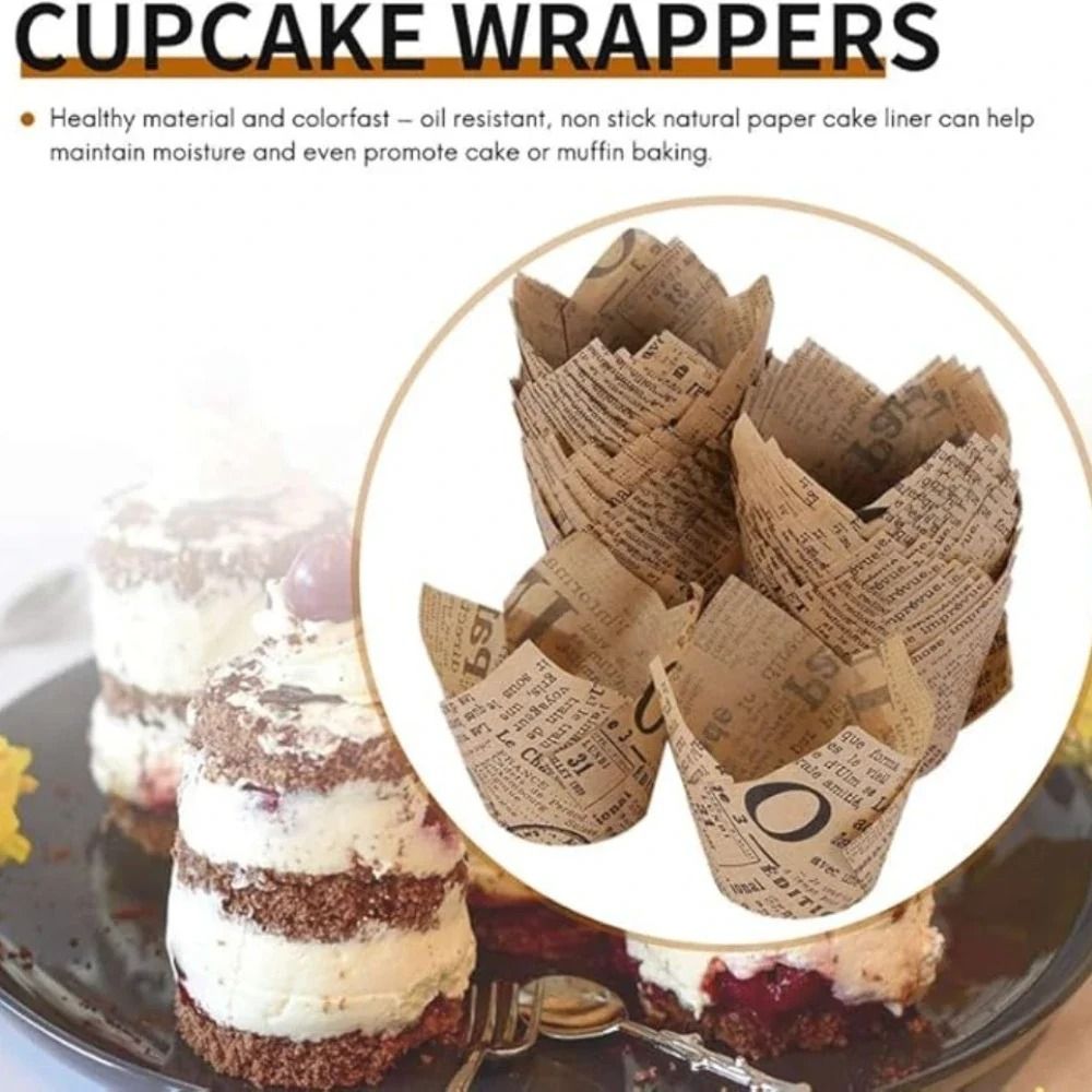 50pcs Newspaper Style Tulip Cupcake Liners And Baking Cups For Weddings And Parties 2