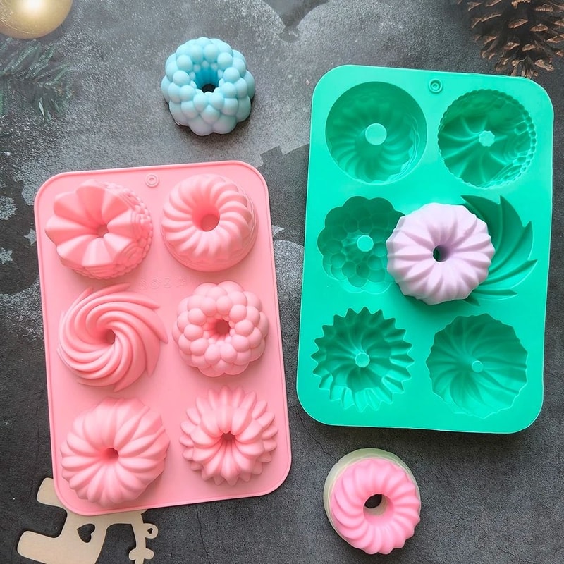 6Cavity Silicone Donut Baking Molds Multicolor Swirl And Flower Shaped Doughnut Pans 1