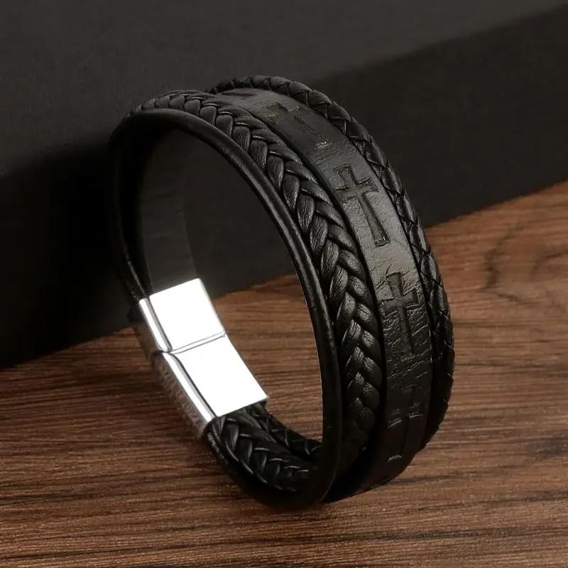 Vintage Handwoven Mens Leather Bracelet With Cross Logo HipHop Punk Jewelry Gift 2