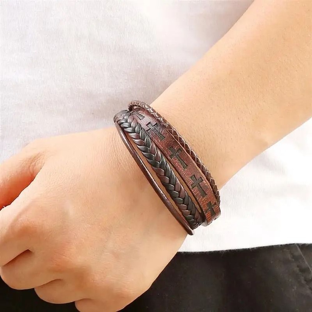 Vintage Handwoven Mens Leather Bracelet With Cross Logo HipHop Punk Jewelry Gift 5