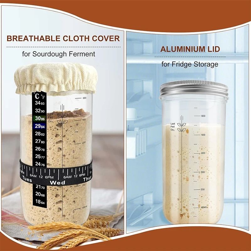Premium Sourdough Starter Jar Kit 24oz Glass Fermentation Set With Date Marked Feeding Band 5