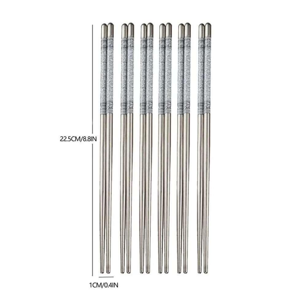 Reusable Stainless Steel Chopsticks With Blue White Pattern 6 Pair Set 6