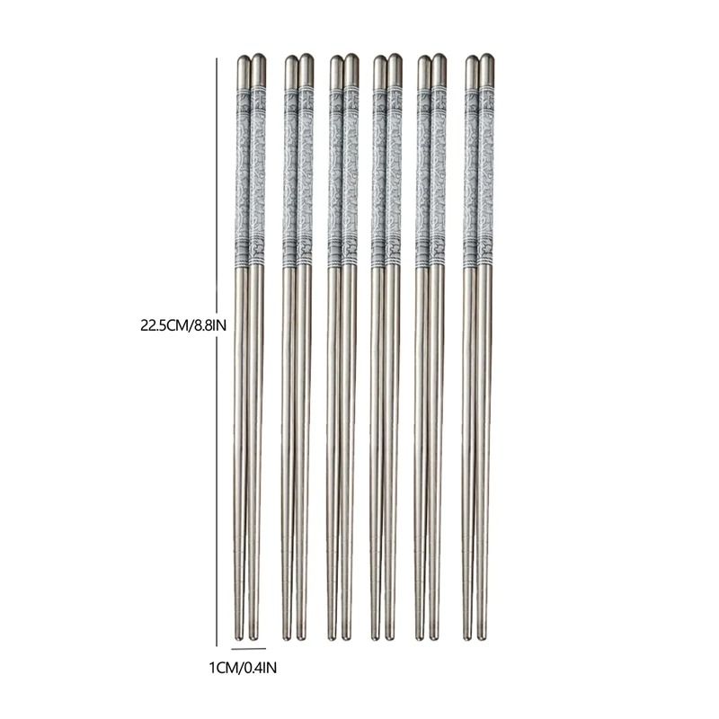 Reusable Stainless Steel Chopsticks With Blue White Pattern 6 Pair Set 6