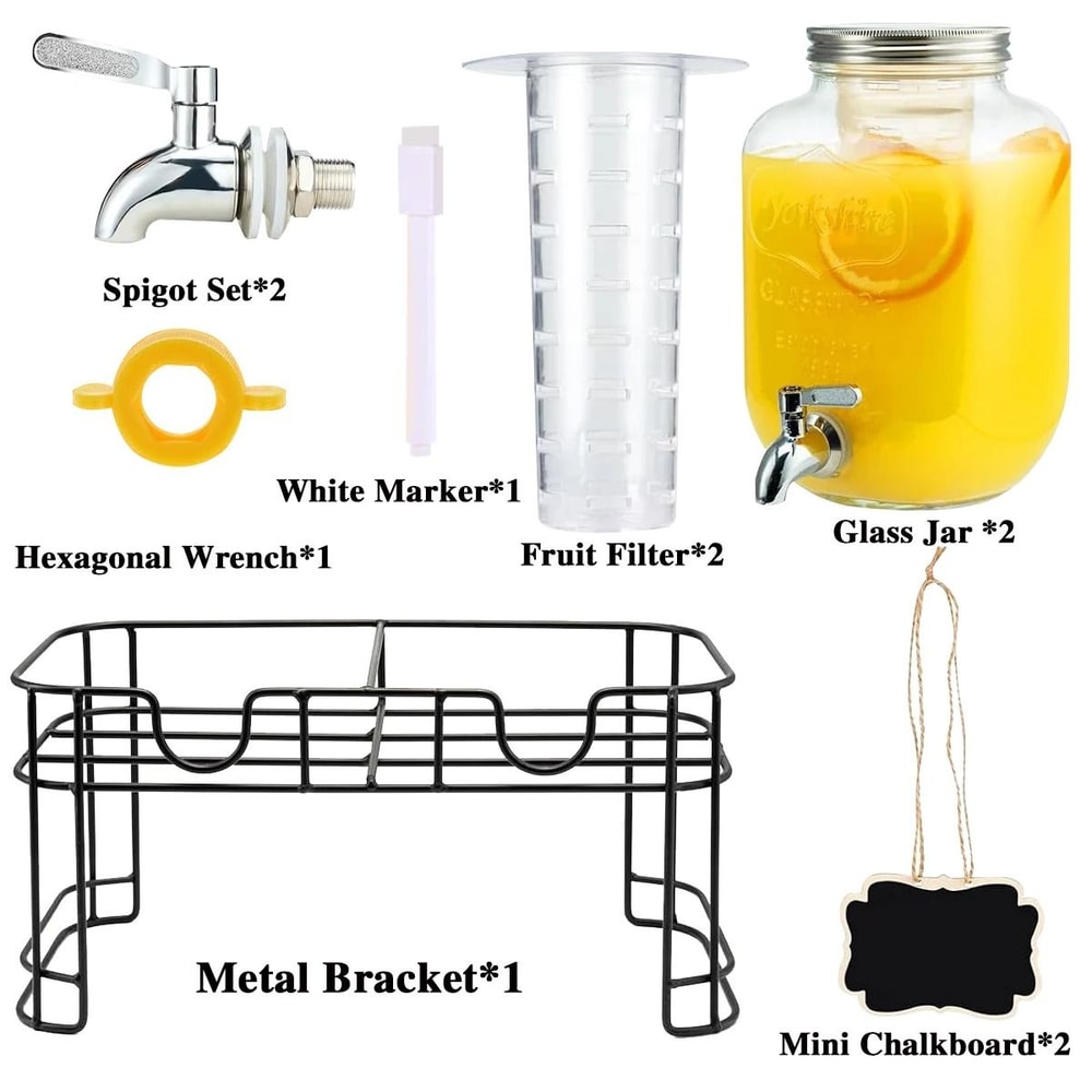 2Pack 1Gallon Glass Drink Dispensers With Metal Stands And 304 Stainless Steel Faucets 2
