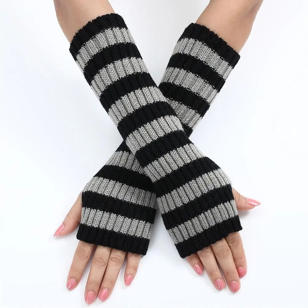 Gothic Striped Fingerless Arm Warmers Harajuku Y2K Knit Sleeves 9