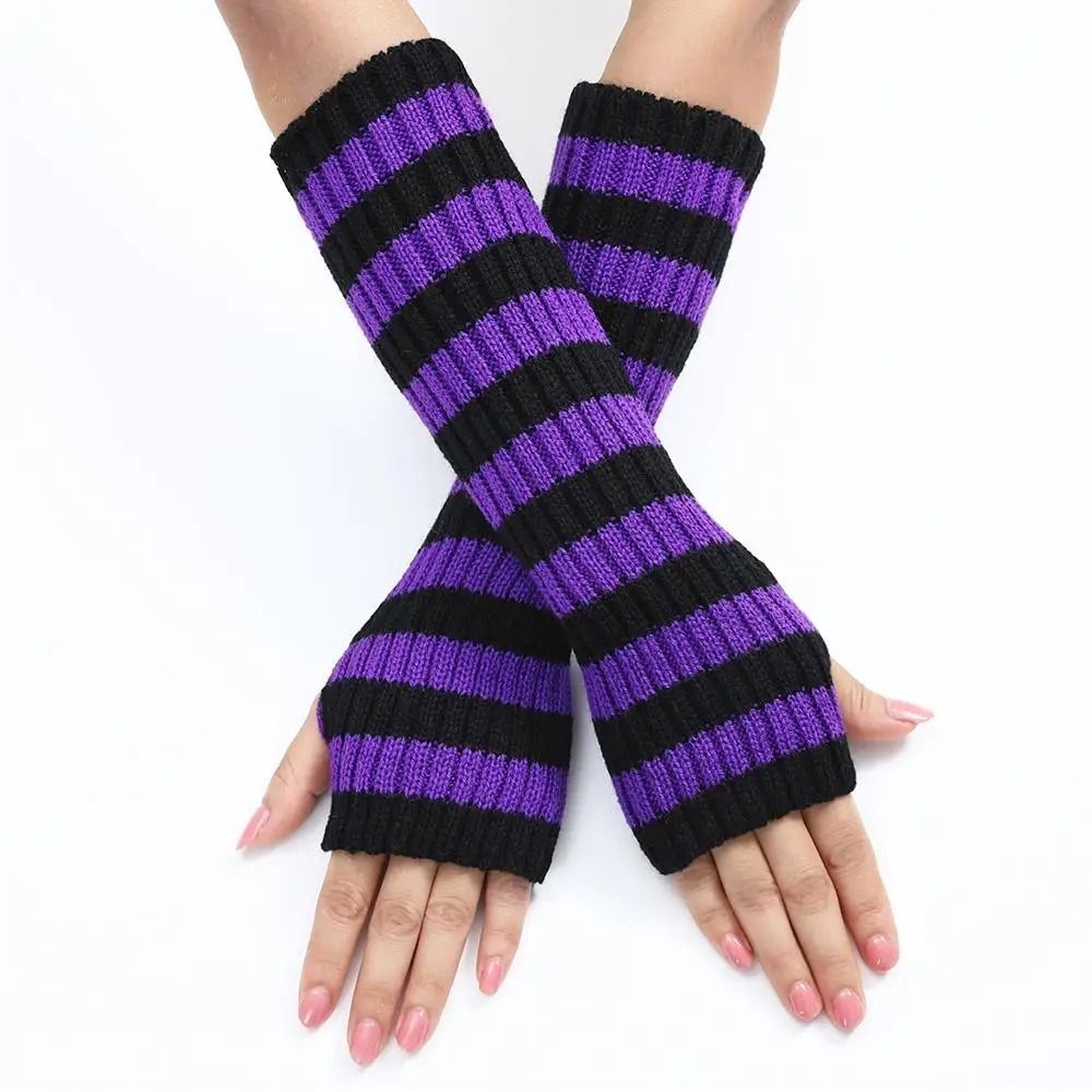 Gothic Striped Fingerless Arm Warmers Harajuku Y2K Knit Sleeves 10