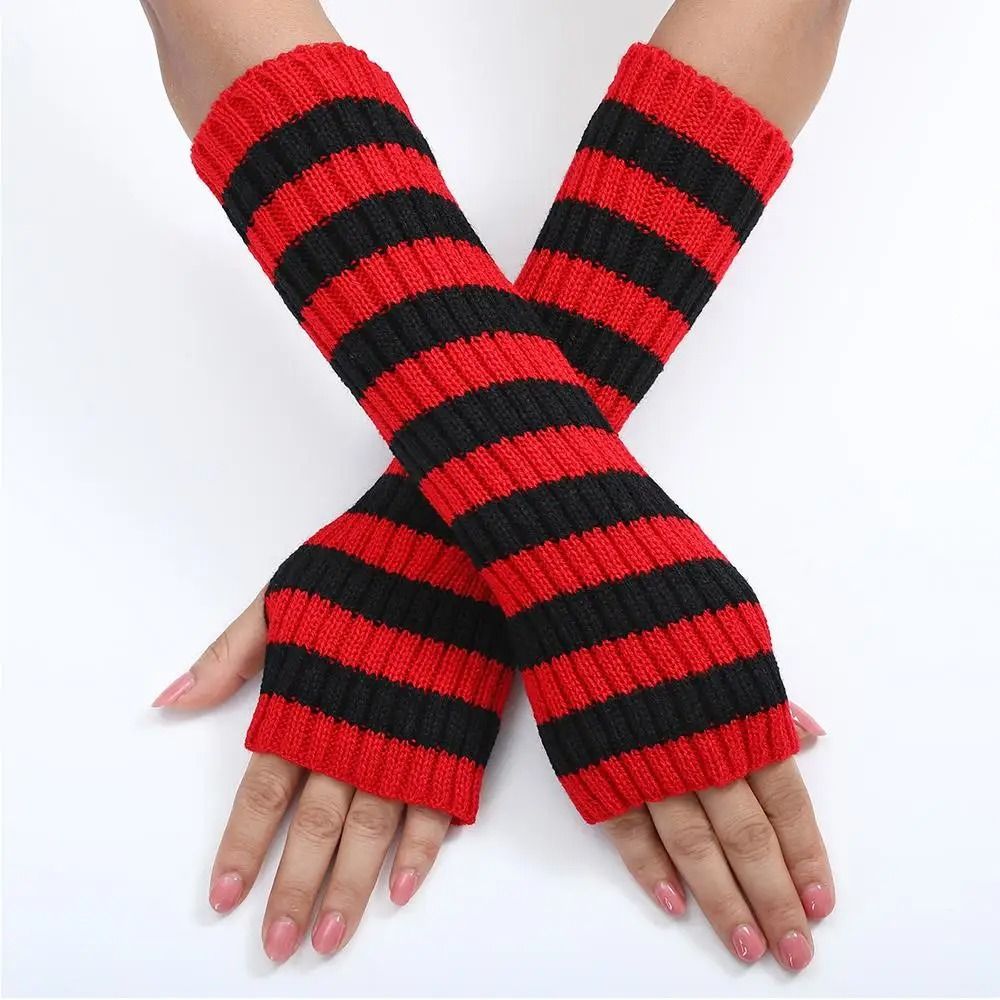 Gothic Striped Fingerless Arm Warmers Harajuku Y2K Knit Sleeves 11
