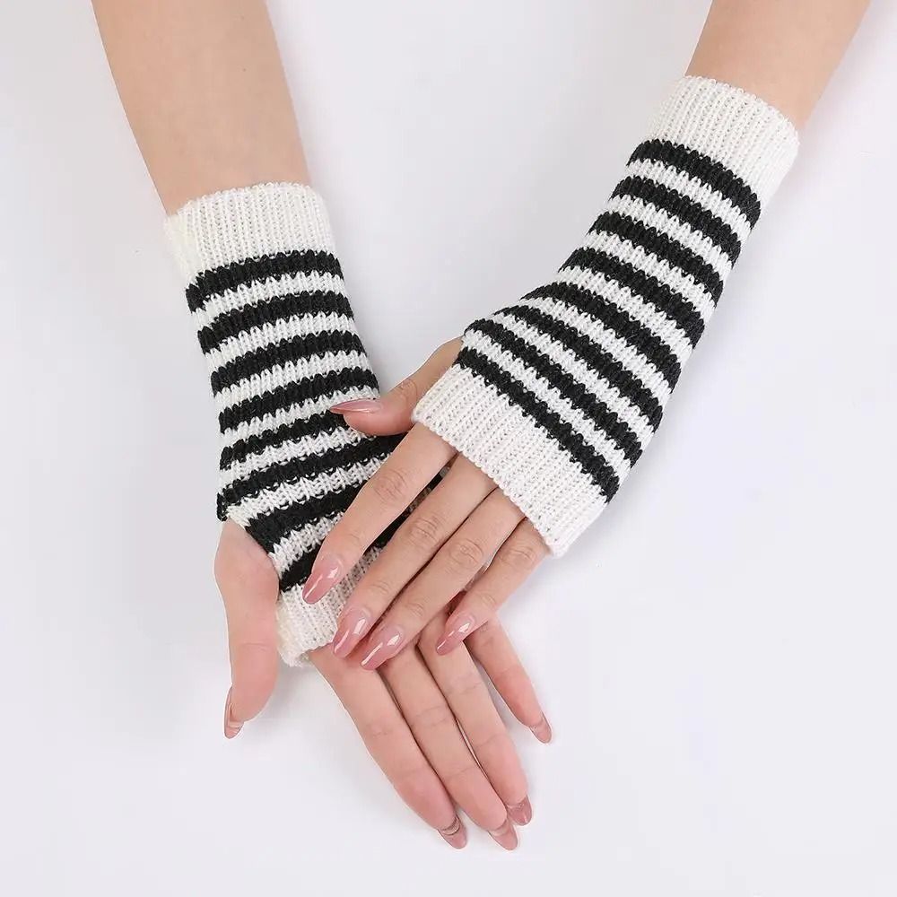 Gothic Striped Fingerless Arm Warmers Harajuku Y2K Knit Sleeves 16