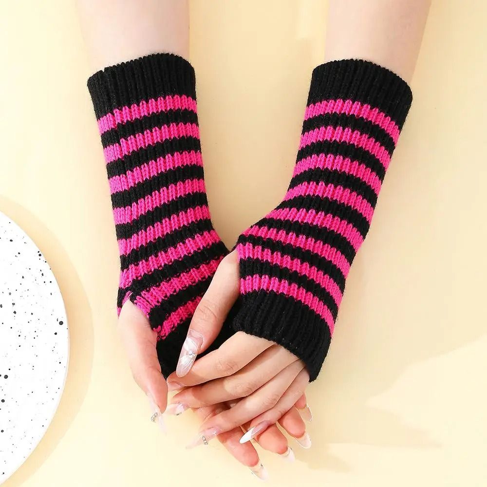 Gothic Striped Fingerless Arm Warmers Harajuku Y2K Knit Sleeves 18