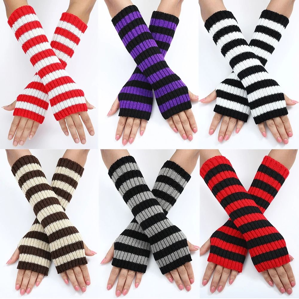 Gothic Striped Fingerless Arm Warmers Harajuku Y2K Knit Sleeves 1
