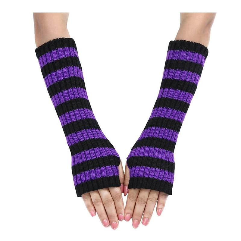 Gothic Striped Fingerless Arm Warmers Harajuku Y2K Knit Sleeves 2