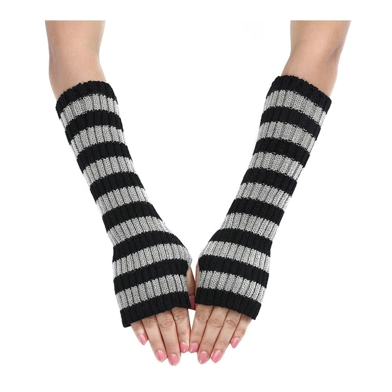 Gothic Striped Fingerless Arm Warmers Harajuku Y2K Knit Sleeves 3
