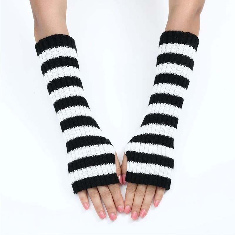 Gothic Striped Fingerless Arm Warmers Harajuku Y2K Knit Sleeves 4
