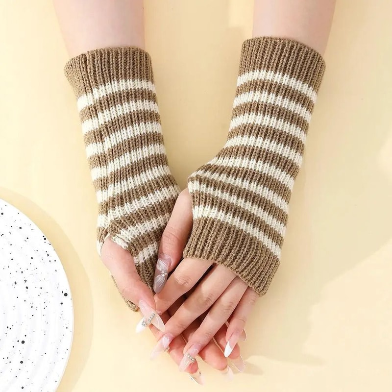 Gothic Striped Fingerless Arm Warmers Harajuku Y2K Knit Sleeves 6