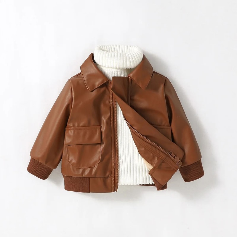 2024 Premium Baby Boys PU Leather Jacket Fashion FallWinter Moto Outerwear 0