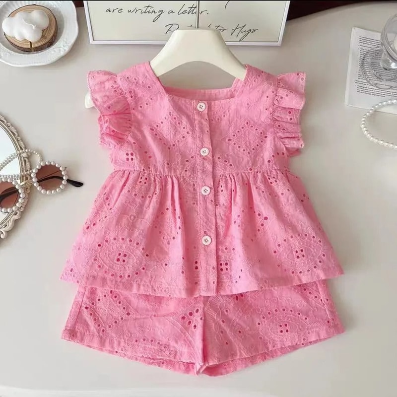 Korean Style Pink Cotton Summer Suit Sweet Hollow Flying Sleeve Top Shorts 0
