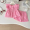 Korean Style Pink Cotton Summer Suit Sweet Hollow Flying Sleeve Top Shorts 1