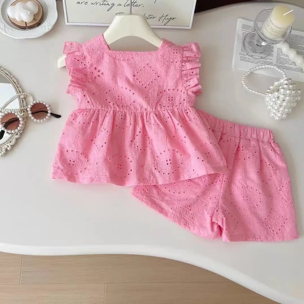Korean Style Pink Cotton Summer Suit Sweet Hollow Flying Sleeve Top Shorts 2
