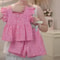 Korean Style Pink Cotton Summer Suit Sweet Hollow Flying Sleeve Top Shorts 3