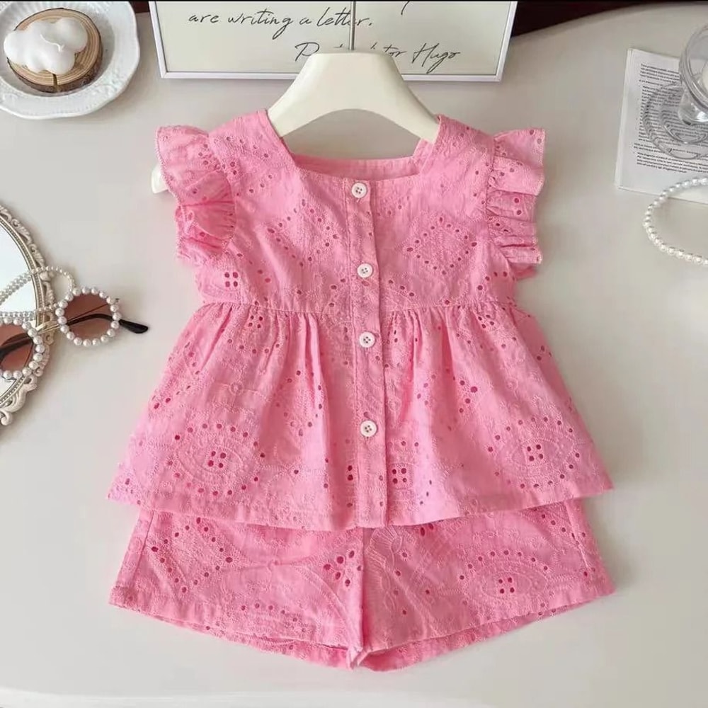 Korean Style Pink Cotton Summer Suit Sweet Hollow Flying Sleeve Top Shorts 6