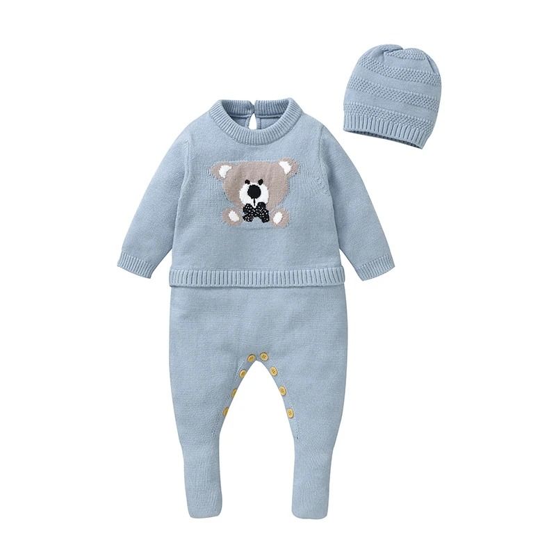 2Piece Newborn Knitted Romper Hat Set Blue Winter Outwear Playsuit 6