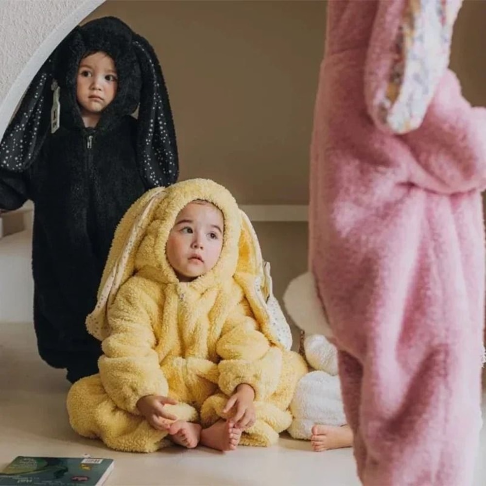 Winter Rabbit Hooded Baby Romper Plush Zipper Newborn Jumpsuit 1