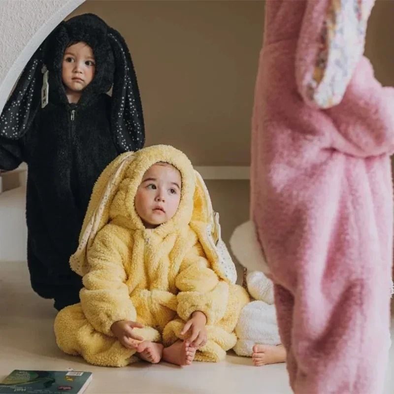 Winter Rabbit Hooded Baby Romper Plush Zipper Newborn Jumpsuit 1