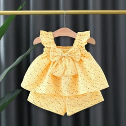 girls colorful dot summer set - flying sleeve top & bow shorts (0-3 years)