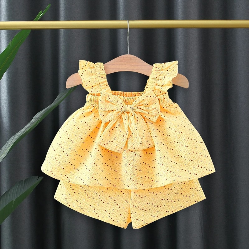 Girls Colorful Dot Summer Set Flying Sleeve Top Bow Shorts 03 Years 0