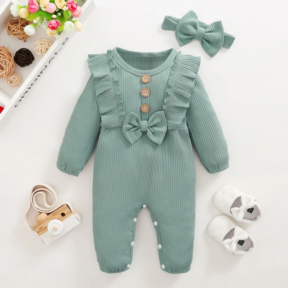 2Piece Newborn Girl Ruffle Romper Headband Long Sleeve AutumnWinter Bodysuit 7