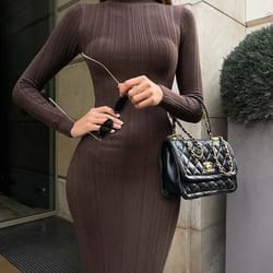 veitche knitted long-sleeved sweater dress - sexy slim fit striped winter maxi