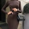 VEITCHE Knitted LongSleeved Sweater Dress Sexy Slim Fit Striped Winter Maxi 0